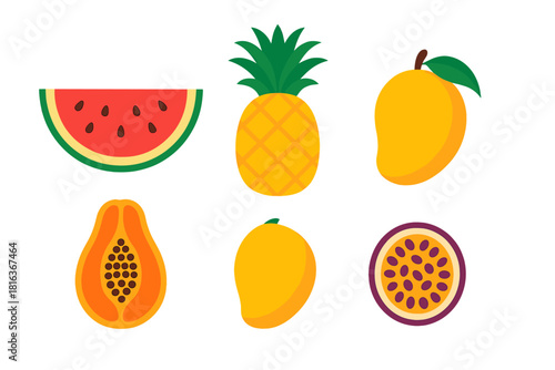Brightly colored set of exotic tropical fruits including watermelon pineapple mango papaya and passion fruit