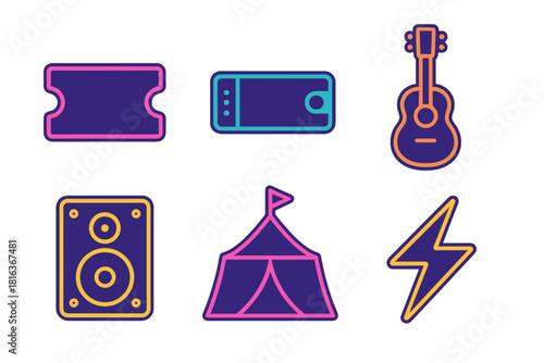 Set of neon glowing symbols for music festival, concert, tickets, guitar, and speaker