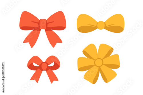 Various festive ribbon bows in orange and golden hues used for wrapping gifts and celebrations
