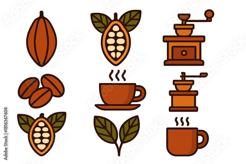 Detailed flat design elements showing cocoa and coffee ingredients like beans, pods, leaves, cups, and manual grinder