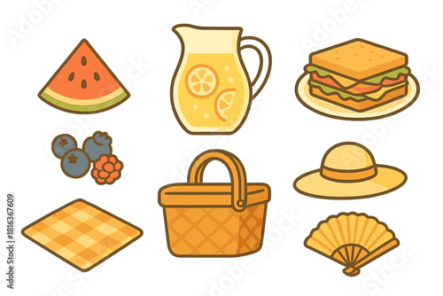 Summer picnic set with basket, lemonade, watermelon, sandwich, and outdoor accessories