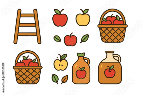 Autumn apple harvest featuring fruit, picking baskets, ladder, and cider jugs