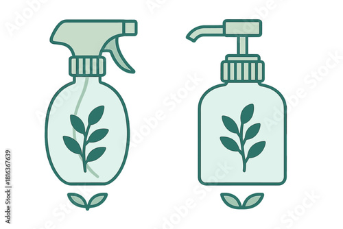 Eco-friendly spray bottle and pump dispenser set with natural green leaf design