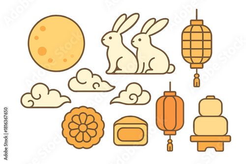Mid-Autumn Festival elements including full moon, jade rabbits, lanterns, and mooncakes