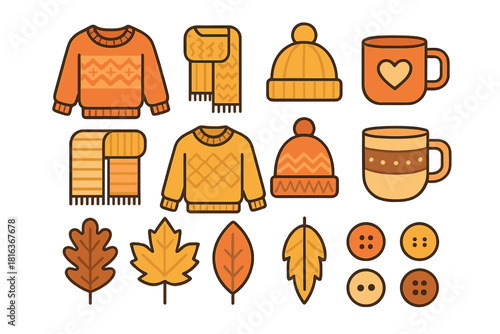 Cozy autumn and winter elements set including sweaters scarves hats mugs and fall leaves