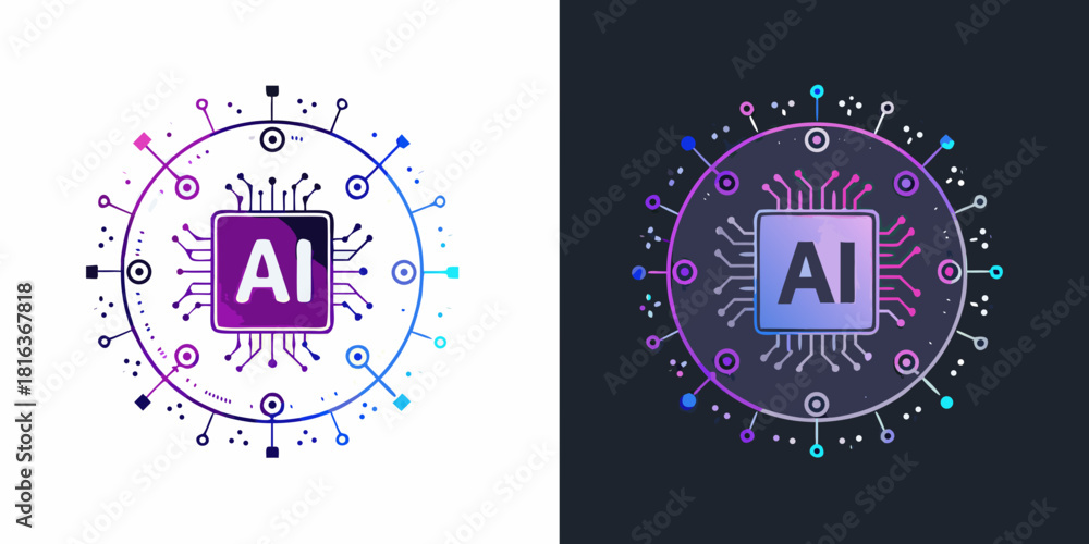 Naklejka premium Artificial intelligence concept with circuit board and ai lettering on white and dark background