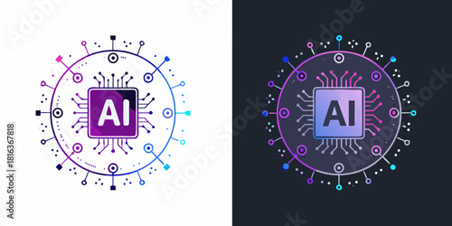Artificial intelligence concept with circuit board and ai lettering on white and dark background