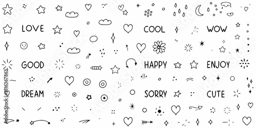 Hand drawn doodle elements collection with stars hearts clouds and words