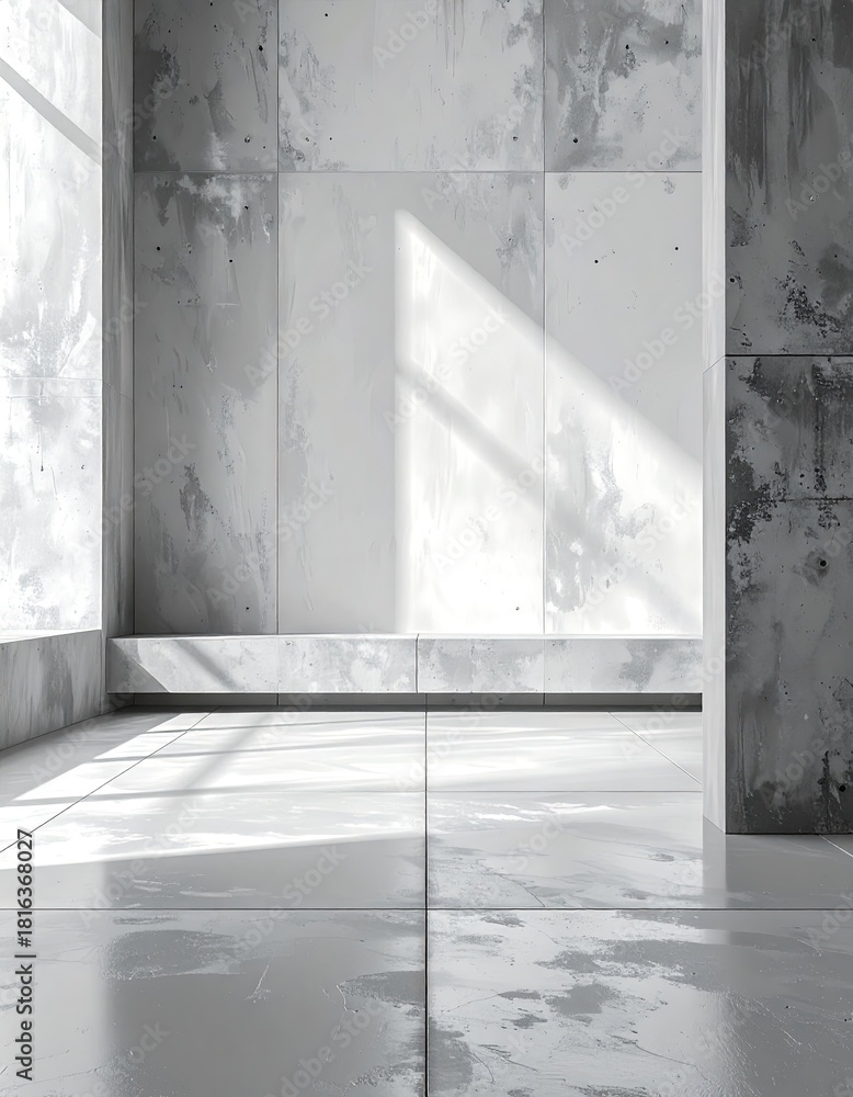 Obraz premium Modern minimalist concrete interior with dramatic geometric light and shadow patterns.