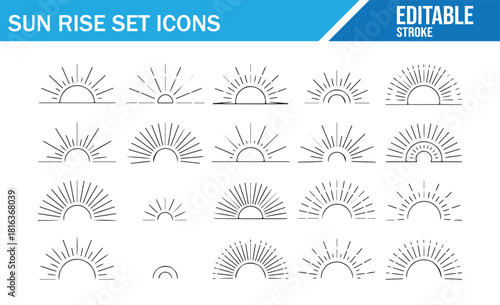 Sunburst and horizon light effect icons in line art