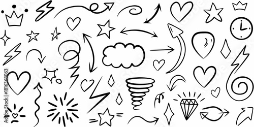 Hand drawn doodle elements set with arrows hearts stars and other shapes