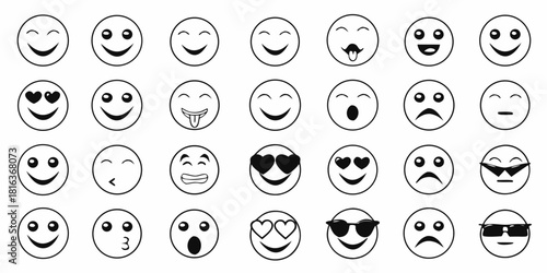 Collection of black and white emoji icons with various expressions