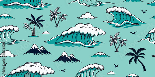 Tropical ocean waves and palm trees seamless pattern on light blue background