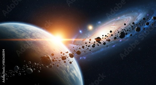 A planet with a ring of asteroids and a galaxy in the background.