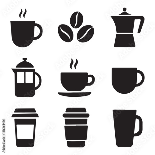 Black Coffee Icon Set – Silhouette Vector