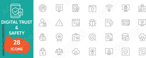 Digital Trust And Safety Icons Set – Security Assurance, Privacy Shield, Secure Data, Trusted Information And Digital Protection.
