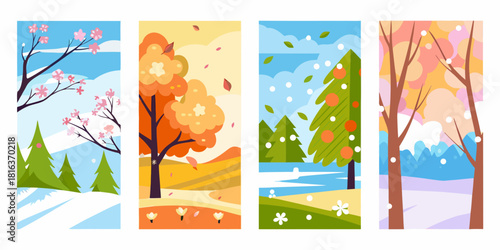 Four seasons landscape illustration set spring summer autumn winter flat design