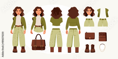 Fashionable woman in olive green outfit with accessories and separate clothing elements