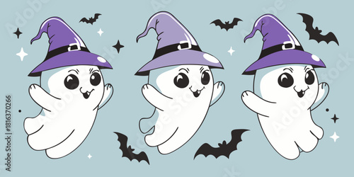 Three cute cartoon ghosts wearing witch hats for halloween illustration