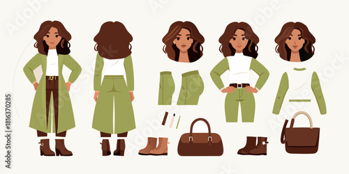 Fashionable woman outfit set with green tones and brown accessories