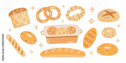 Collection of hand drawn bakery products on white background