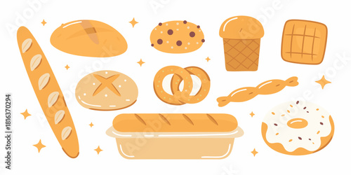 Various bakery products including bread cookies pretzels donuts and waffles illustration