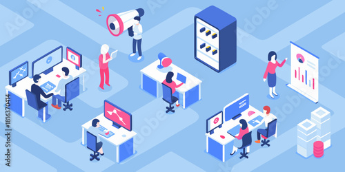 Isometric office scene with people working and communicating in a modern workspace