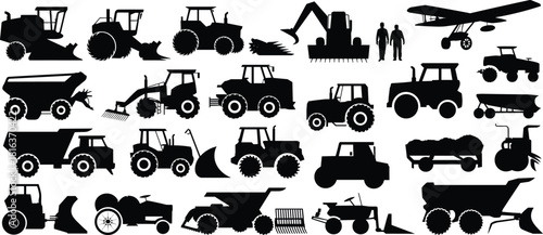 Collection of farm machinery silhouettes including tractors, harvesters, loaders, excavators, trailers, and agricultural equipment icons for farming, field work and rural industry