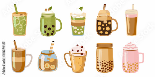 Collection of different flavored bubble tea drinks in various cups