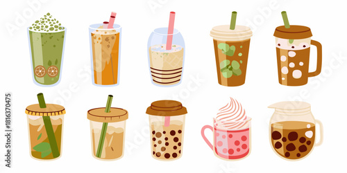 Variety of boba tea drinks in different flavors and styles