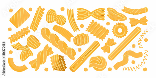 Various types of pasta flat lay on white background food illustration