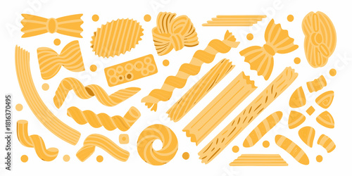Various types of pasta flat lay illustration on a white background