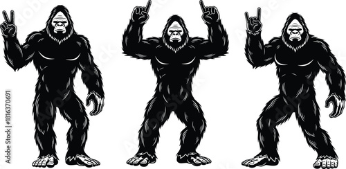 Bigfoot Sasquatch Monster Vector Mascot Character Set Showing Peace Sign, Rock and Roll Gesture, and Hands Up Isolated Illustration