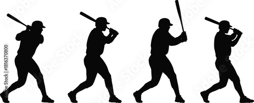 Collection of baseball player vector silhouettes, dynamic batting swing action figures, isolated icons for sports logos, team, and apparel design