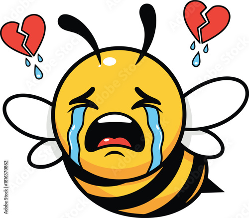 Crying cute bee cartoon character with broken hearts, emotional sad bumblebee illustration, adorable emoji style mascot for stickers and designs