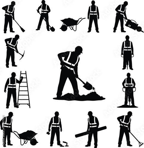 Construction worker silhouettes with tools, safety vest labor icons, industrial workforce illustration set for building, repair, maintenance, construction design elements