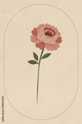 Single peony flower on arched retro vintage frame in midcentury botanical style