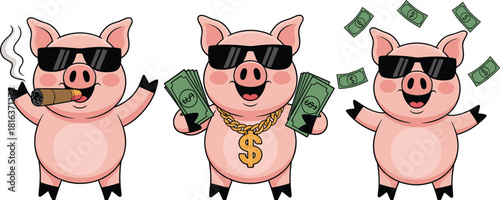 Cute cartoon gangster pigs wearing sunglasses holding money, smoking cigar, throwing cash, funny rich pig characters in humorous wealth themed illustration
