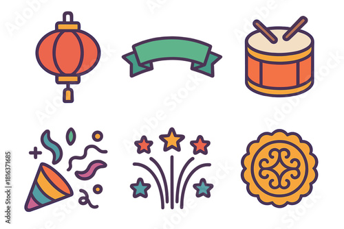 Traditional festival celebration icons featuring lantern drum fireworks party popper banner
