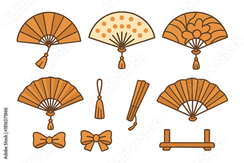 Traditional Japanese folding fans collection with tassels and decorative bows in warm orange tones