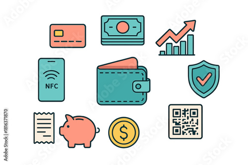 Modern financial icons set covering digital payment, banking security, savings, and investment growth