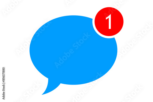 Blue speech bubble with a red notification badge displaying the number one, symbolizing a new message or unread alert, isolated on white isolated on transparent background