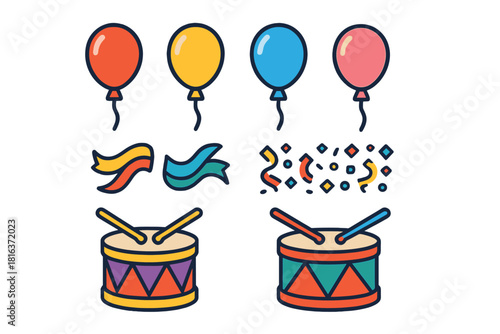 Bright collection of celebration elements: balloons, festive ribbons, scattered confetti, and musical drums