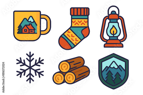 Cozy winter and outdoor adventure icons set featuring mug, sock, lantern, firewood, and snowflake