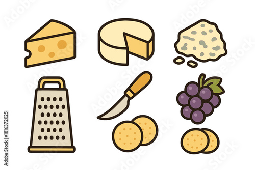 Assortment of cheddar, brie, blue cheese, grapes, crackers, and kitchen utensils for appetizers