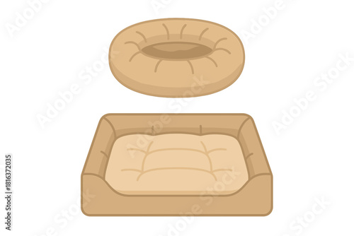 Collection of comfortable beige pet beds and cushions for domestic animals