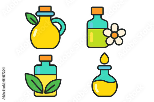 Set of colorful bottles containing natural essential oils and organic aromatherapy extracts