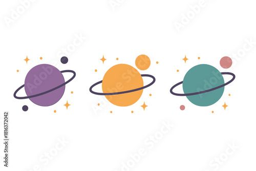 Vibrant collection of stylized planets with rings and orbiting satellites in space