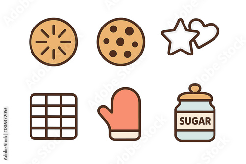 Collection of baking tools and sweet treats: sugar jar, oven mitt, cooling rack, and various cookies