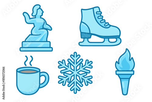 Winter holiday and sports symbols featuring ice sculpture, figure skate, snowflake, and hot beverage mug